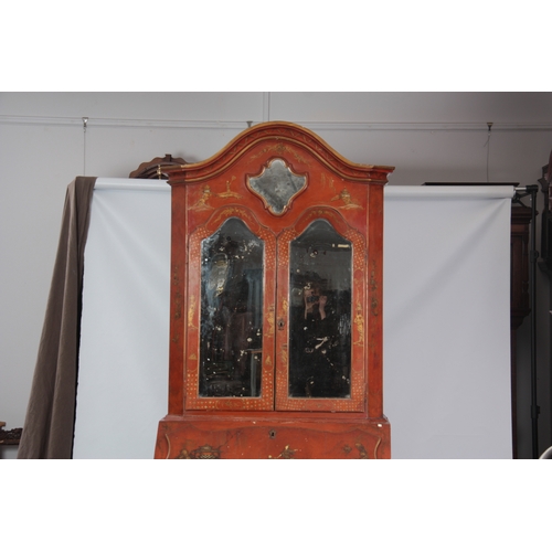 1175 - AN 18TH CENTURY CONTINENTAL SCARLET LACQUERED CHINOSORIERE BUREAU BOOKCASE with mirrored top having ... 