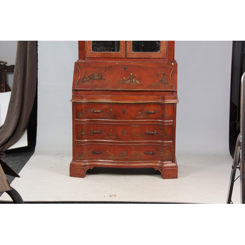 1175 - AN 18TH CENTURY CONTINENTAL SCARLET LACQUERED CHINOSORIERE BUREAU BOOKCASE with mirrored top having ... 