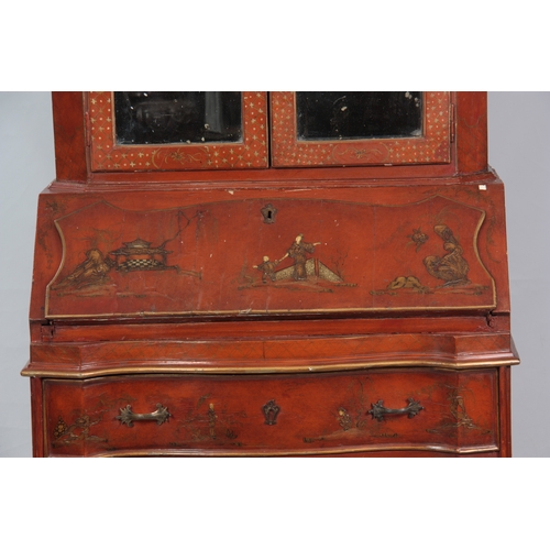 1175 - AN 18TH CENTURY CONTINENTAL SCARLET LACQUERED CHINOSORIERE BUREAU BOOKCASE with mirrored top having ... 