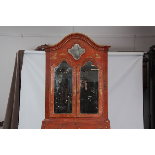 1175 - AN 18TH CENTURY CONTINENTAL SCARLET LACQUERED CHINOSORIERE BUREAU BOOKCASE with mirrored top having ... 