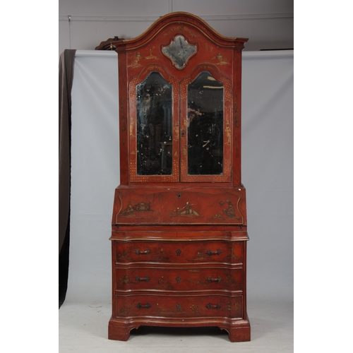 1175 - AN 18TH CENTURY CONTINENTAL SCARLET LACQUERED CHINOSORIERE BUREAU BOOKCASE with mirrored top having ... 