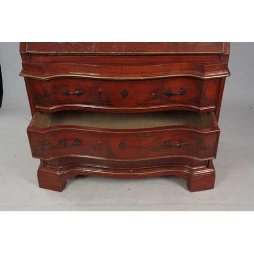 1175 - AN 18TH CENTURY CONTINENTAL SCARLET LACQUERED CHINOSORIERE BUREAU BOOKCASE with mirrored top having ... 