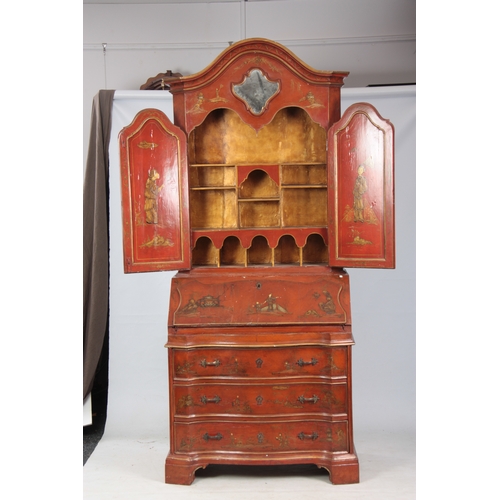 1175 - AN 18TH CENTURY CONTINENTAL SCARLET LACQUERED CHINOSORIERE BUREAU BOOKCASE with mirrored top having ... 