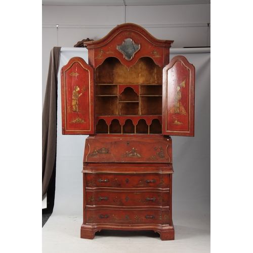 1175 - AN 18TH CENTURY CONTINENTAL SCARLET LACQUERED CHINOSORIERE BUREAU BOOKCASE with mirrored top having ... 