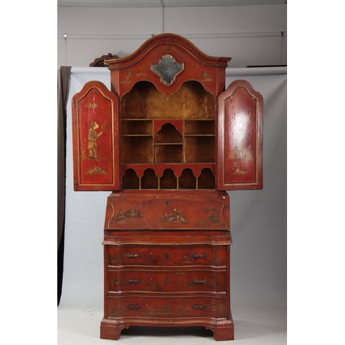 1175 - AN 18TH CENTURY CONTINENTAL SCARLET LACQUERED CHINOSORIERE BUREAU BOOKCASE with mirrored top having ... 