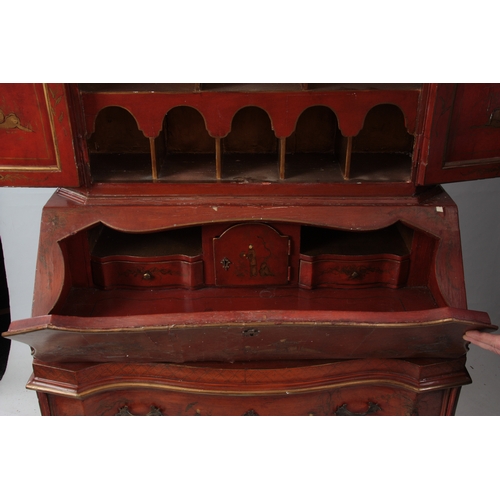 1175 - AN 18TH CENTURY CONTINENTAL SCARLET LACQUERED CHINOSORIERE BUREAU BOOKCASE with mirrored top having ... 