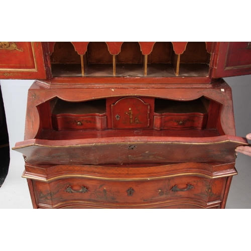 1175 - AN 18TH CENTURY CONTINENTAL SCARLET LACQUERED CHINOSORIERE BUREAU BOOKCASE with mirrored top having ... 