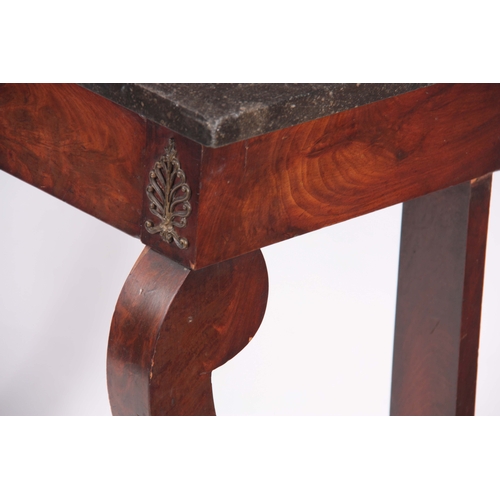 1182 - A REGENCY FIGURED MAHOGANY CONSOL TABLE WITH FLECKED DARK GREY MARBLE TOP fitted a full-length drawe... 