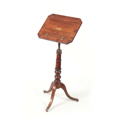 1184 - A REGENCY BRASS INLAID ROSEWOOD ADJUSTABLE MUSIC STAND with crossbanded top above a ring turned adju... 