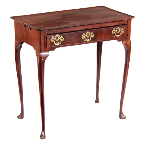 1186 - A GEORGE II FIGURED MAHOGANY SIDE TABLE with dished top, side candle slides, fitted frieze drawer wi... 