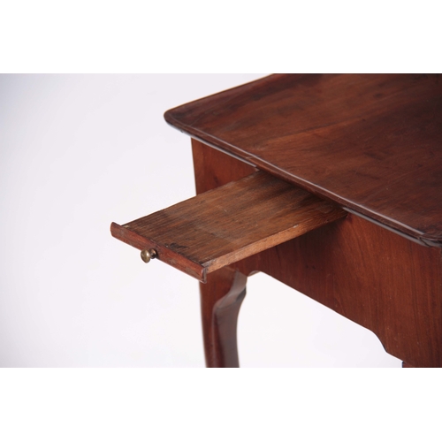 1186 - A GEORGE II FIGURED MAHOGANY SIDE TABLE with dished top, side candle slides, fitted frieze drawer wi... 