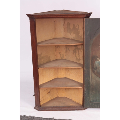 1193 - AN EARLY 18TH CENTURY OAK HANGING CORNER CUPBOARD with arched fielded panelled door, the interior ha... 