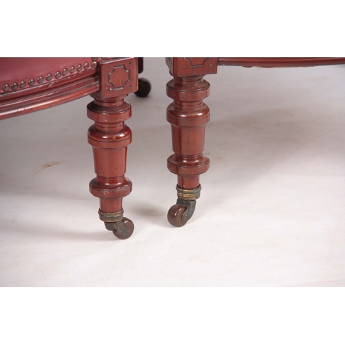 1194 - A PAIR OF LATE 19TH CENTURY MAHOGANY RED LEATHERED ARMCHAIRS with shaped backs and open arms support... 