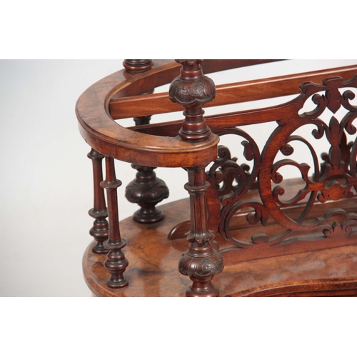 1199 - A VICTORIAN BURR WALNUT KIDNEY SHAPED INLAID CANTERBURY/ WORK BOX with brass gallery above carved tu... 