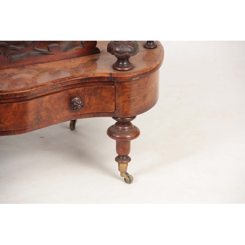 1199 - A VICTORIAN BURR WALNUT KIDNEY SHAPED INLAID CANTERBURY/ WORK BOX with brass gallery above carved tu... 