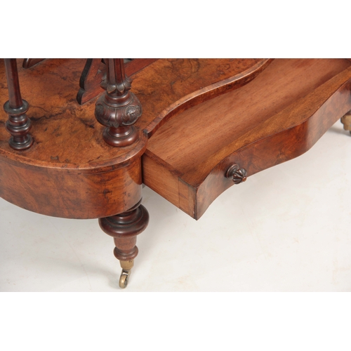 1199 - A VICTORIAN BURR WALNUT KIDNEY SHAPED INLAID CANTERBURY/ WORK BOX with brass gallery above carved tu... 