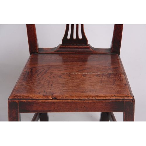 1201 - A PAIR OF GEORGE III HEPPELWHITE STYLE COUNTRY ELM AND FRUITWOOD SIDE CHAIRS of pegged construction ... 