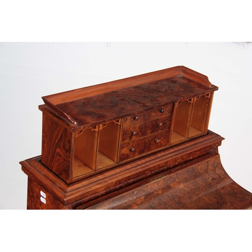 1204 - AN EARLY VICTORIAN BURR WALNUT PIANO TOP 'POP-UP' DAVENPORT the moulded galleried pop-up top section... 