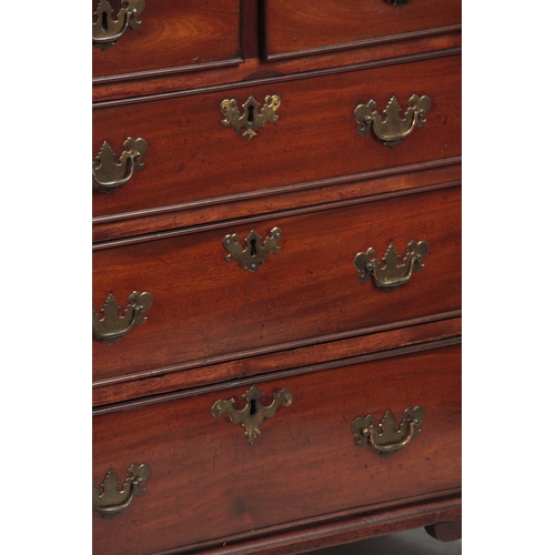 1205 - A GEORGE III MAHOGANY LANCASHIRE CHEST OF DRAWERS with quarter column sides flanking two small and t... 