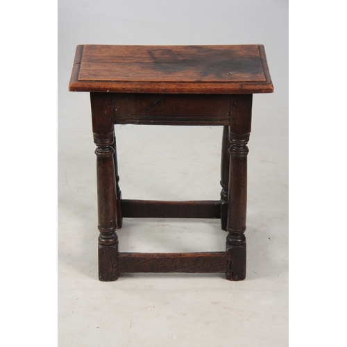 1206 - A LATE 17TH / EARLY 18TH CENTURY OAK JOINT STOOL the later moulded edge top on a dowelled ring turne... 