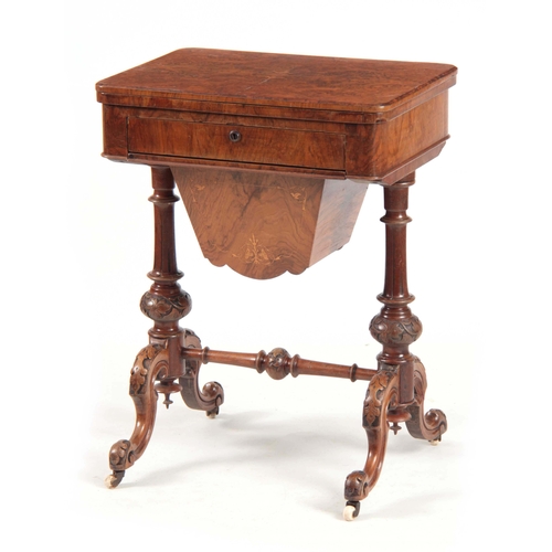 1209 - A VICTORIAN BURR WALNUT WORK / GAMES TABLE having hinged revolving top above a pull-out drawer and i... 