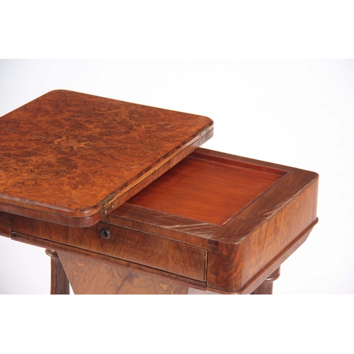 1209 - A VICTORIAN BURR WALNUT WORK / GAMES TABLE having hinged revolving top above a pull-out drawer and i... 