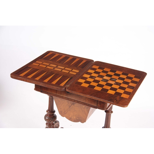 1209 - A VICTORIAN BURR WALNUT WORK / GAMES TABLE having hinged revolving top above a pull-out drawer and i... 