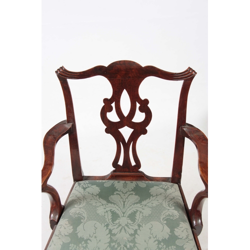 1211 - A GEORGE III CHIPPENDALE STYLE WALNUT COUNTRY OPEN ARMCHAIR with pierced shaped splat and splayed ar... 