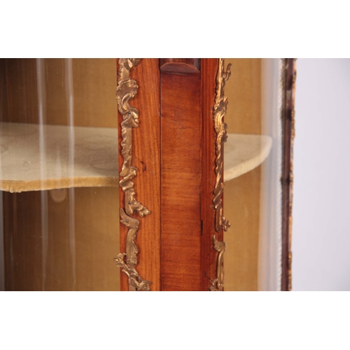 1215 - A 19TH CENTURY FRENCH ROSEWOOD, WALNUT AND MARQUETRY INLAID DOUBLE SERPENTINE FRONTED VITRINE WITH L... 