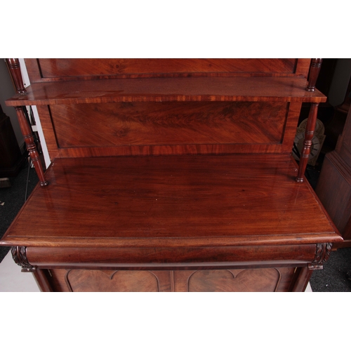 1216 - A WILLIAM IV FLAMED MAHOGANY CHIFFONEER with a raised superstructure above a convex moulded top draw... 