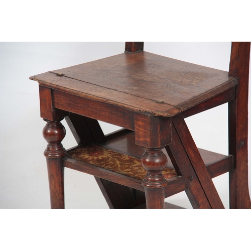 1218 - A 19TH CENTURY OAK LIBRARY STEPS / CHAIR with panelled back and turned front legs.