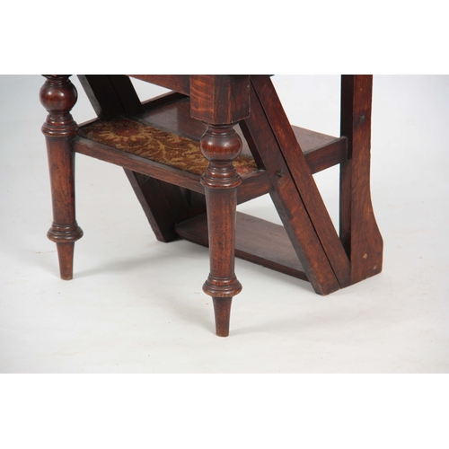 1218 - A 19TH CENTURY OAK LIBRARY STEPS / CHAIR with panelled back and turned front legs.