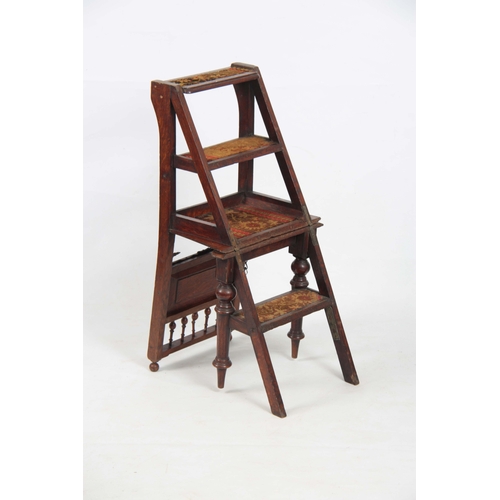 1218 - A 19TH CENTURY OAK LIBRARY STEPS / CHAIR with panelled back and turned front legs.