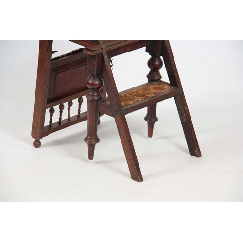 1218 - A 19TH CENTURY OAK LIBRARY STEPS / CHAIR with panelled back and turned front legs.