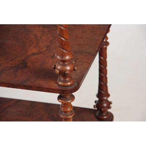 1219 - A VICTORIAN BURR WALNUT THREE TIER WHATNOT with rounded corners supported by twisted turned columns ... 