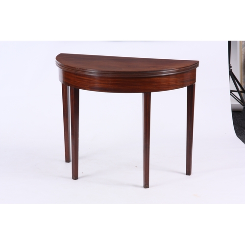 1220 - A GEORGE III FLAMED MAHOGANY 'D' SHAPED TEA TABLE with hinged moulded edge top, boxwood inlaid friez... 