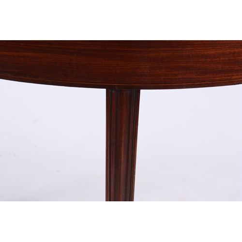 1220 - A GEORGE III FLAMED MAHOGANY 'D' SHAPED TEA TABLE with hinged moulded edge top, boxwood inlaid friez... 