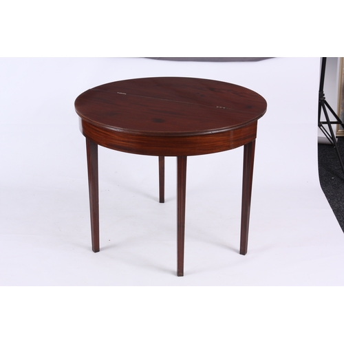 1220 - A GEORGE III FLAMED MAHOGANY 'D' SHAPED TEA TABLE with hinged moulded edge top, boxwood inlaid friez... 