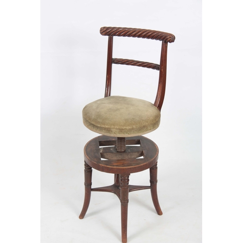 1223 - AN EARLY 19TH CENTURY MAHOGANY MUSIC CHAIR POSSIBLY IRISH with rope twist shaped top rail above a re... 