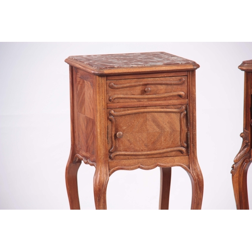 1226 - TWO SIMILAR LATE 19TH CENTURY FRENCH WALNUT BEDSIDE CABINETS the all-round serpentine and square mar... 