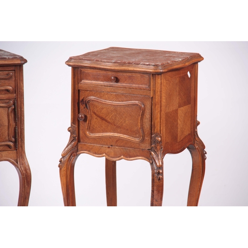 1226 - TWO SIMILAR LATE 19TH CENTURY FRENCH WALNUT BEDSIDE CABINETS the all-round serpentine and square mar... 