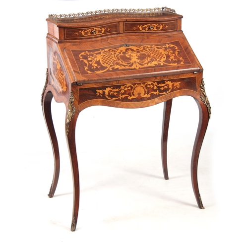 1228 - A 19TH CENTURY FRENCH LADIES ROSEWOOD AND INLAID SATINWOOD ORMOLU  MOUNTED BONHEUR DU JOUR of bombe ... 