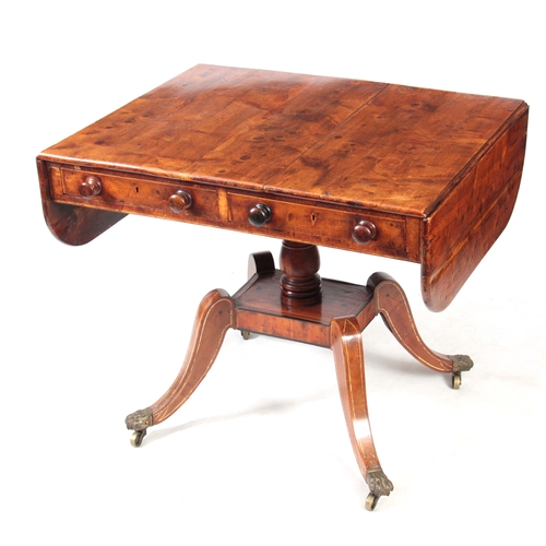 1231 - AN UNUSUAL REGENCY YEW-WOOD AND BONE INLAID SOFA TABLE with hinged fall down sides and two shallow f... 