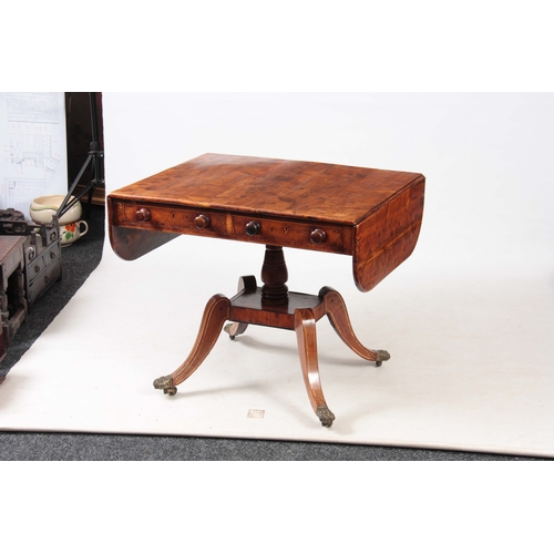 1231 - AN UNUSUAL REGENCY YEW-WOOD AND BONE INLAID SOFA TABLE with hinged fall down sides and two shallow f... 