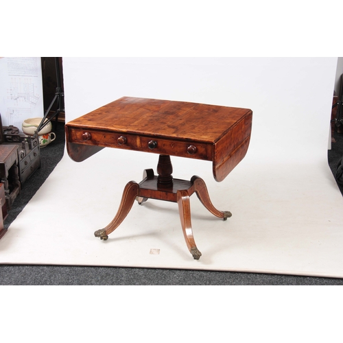 1231 - AN UNUSUAL REGENCY YEW-WOOD AND BONE INLAID SOFA TABLE with hinged fall down sides and two shallow f... 