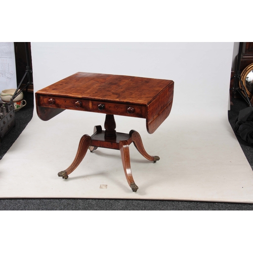 1231 - AN UNUSUAL REGENCY YEW-WOOD AND BONE INLAID SOFA TABLE with hinged fall down sides and two shallow f... 