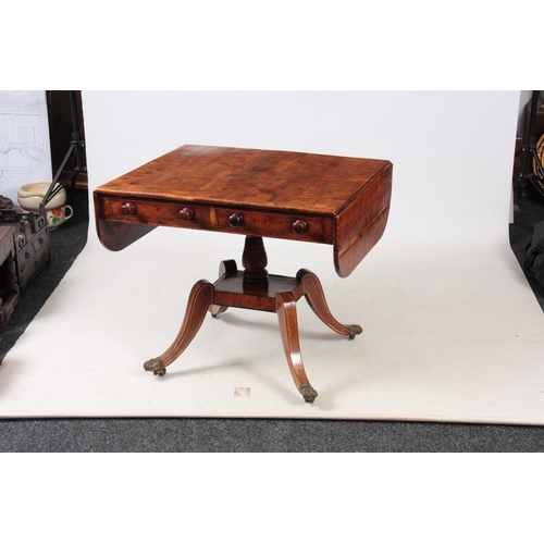 1231 - AN UNUSUAL REGENCY YEW-WOOD AND BONE INLAID SOFA TABLE with hinged fall down sides and two shallow f... 