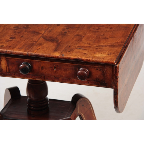 1231 - AN UNUSUAL REGENCY YEW-WOOD AND BONE INLAID SOFA TABLE with hinged fall down sides and two shallow f... 