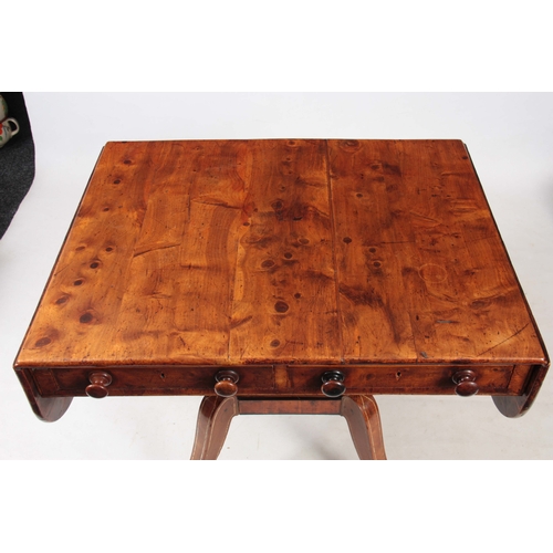 1231 - AN UNUSUAL REGENCY YEW-WOOD AND BONE INLAID SOFA TABLE with hinged fall down sides and two shallow f... 