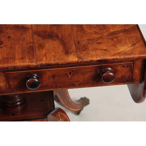 1231 - AN UNUSUAL REGENCY YEW-WOOD AND BONE INLAID SOFA TABLE with hinged fall down sides and two shallow f... 